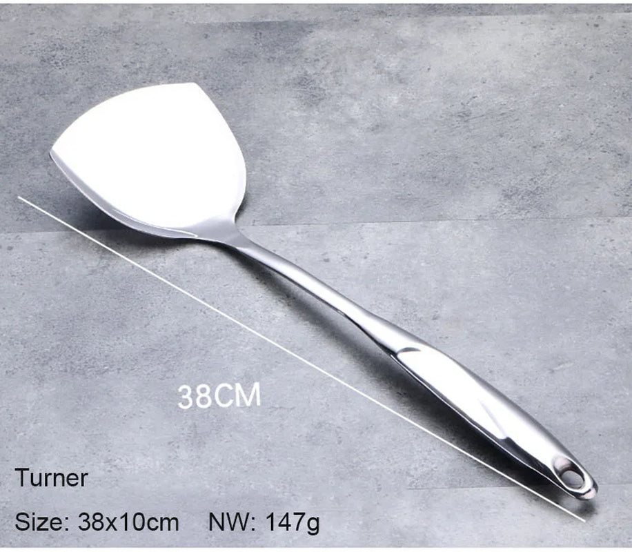 1/6Pcs Stainless Steel Cooking Tools, Kitchen Utensils with Heat-Resistant Handle - Turner Soup Spoon Strainer Pasta Server