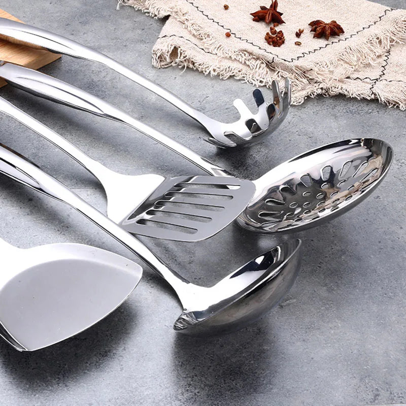 1/6Pcs Stainless Steel Cooking Tools, Kitchen Utensils with Heat-Resistant Handle - Turner Soup Spoon Strainer Pasta Server