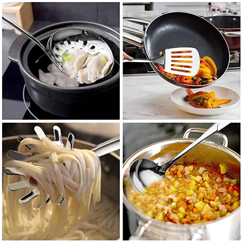 1/6Pcs Stainless Steel Cooking Tools, Kitchen Utensils with Heat-Resistant Handle - Turner Soup Spoon Strainer Pasta Server