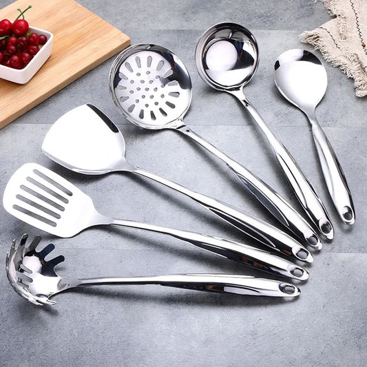 1/6Pcs Stainless Steel Cooking Tools, Kitchen Utensils with Heat-Resistant Handle - Turner Soup Spoon Strainer Pasta Server