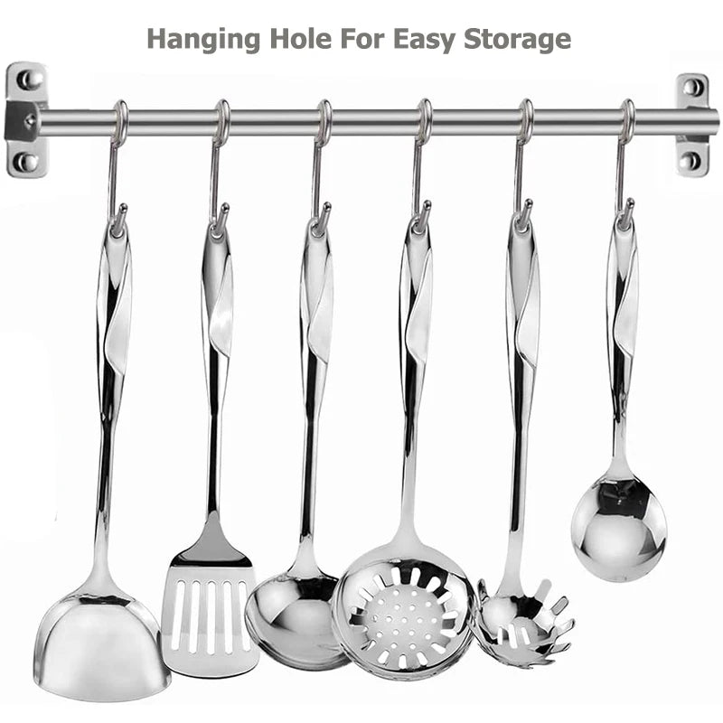 1/6Pcs Stainless Steel Cooking Tools, Kitchen Utensils with Heat-Resistant Handle - Turner Soup Spoon Strainer Pasta Server